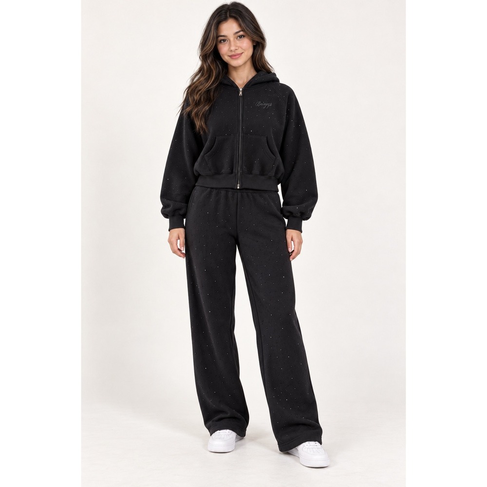 Basyqs Black Rhinestone Zip Up Hoodie and Wide Leg Sweatpants Tracksuit Set XS